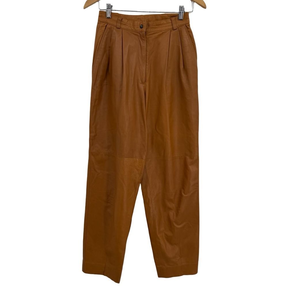 Begedor Italia Made in Italy Leather High Rise Pleat Tapered Pants | Cognac | XS